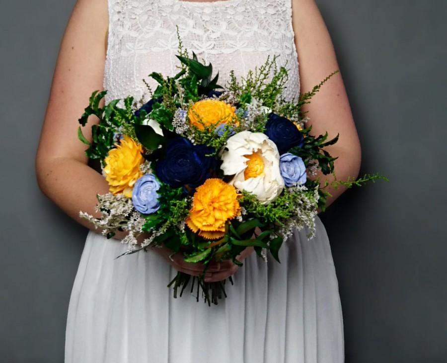 Hochzeit - Sunny yellow navy blue and vibrant green wedding bouquet preserved greenery sola flowers dried flowers sola satin ribbon bridal summer - $150.00 USD