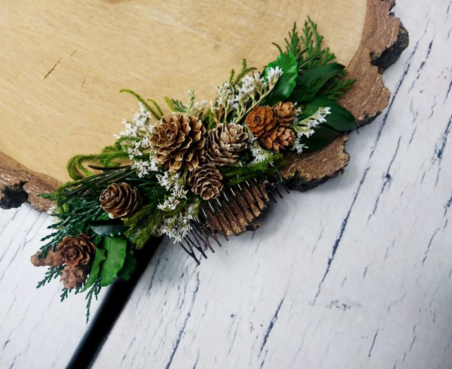 Wedding - Winter wedding Conifer hair comb woodland pine cones natural thuja greenery bridal hairpiece green preserved real leafs organic eco style - $36.00 USD