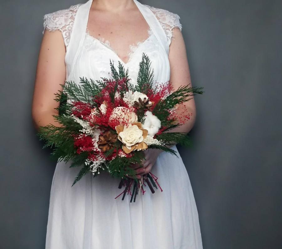 Wedding - Winter wedding bouquet pine cones cotton bolls preserved thuja red green white ivory sola flowers gypsophila bridal natural - $85.00 USD