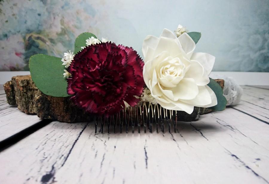 Mariage - Stabilized eucalyptus burgundy ivory hair comb sola flowers boho wedding Bridal hairpiece greenery accessory maroon wine - $38.00 USD