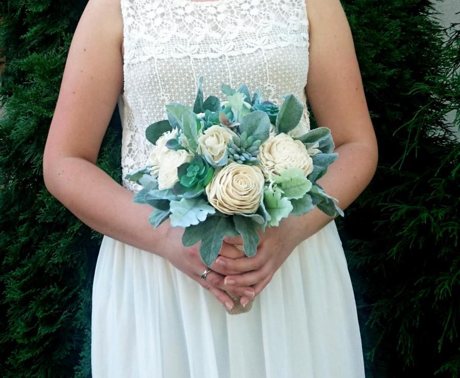 Mariage - Rustic succulents wedding bouquet sola flowers dusty miller flocked leaf greenery ivory elegant simple classy bridal burlap lace natural eco - $150.00 USD