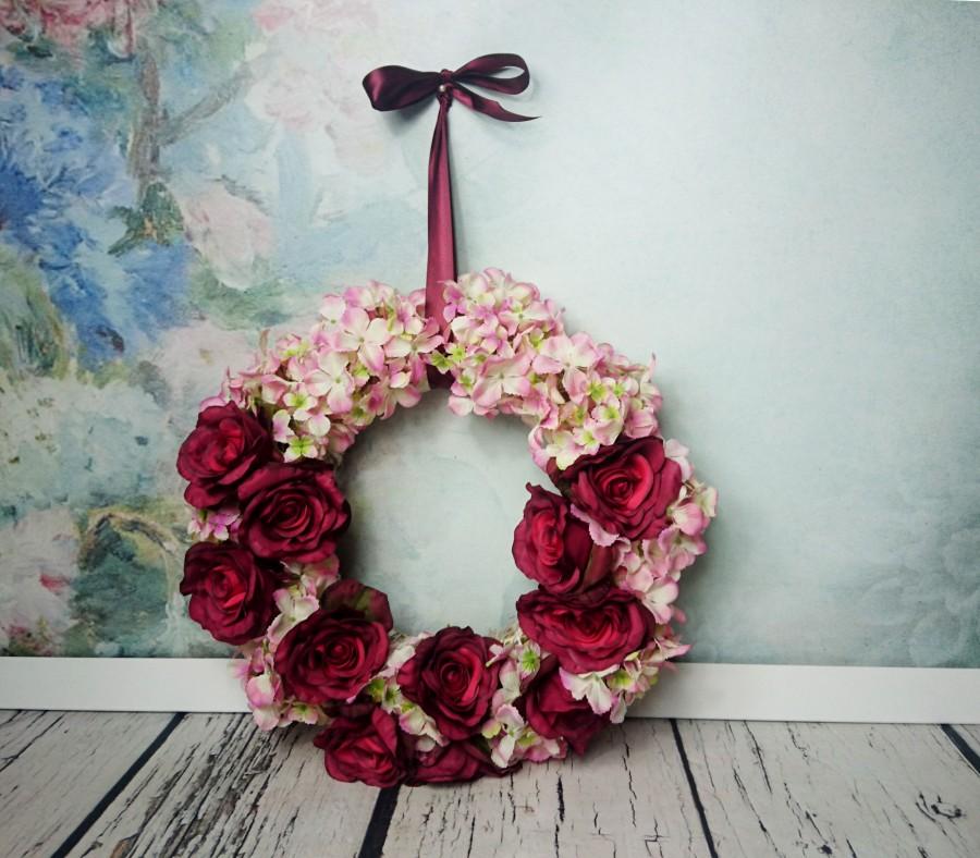 Свадьба - Wedding floral wreath centerpiece hanging backdrop arrangement vintage fall burgundy marsala blush pink roses decor romantic home decor - $70.00 USD