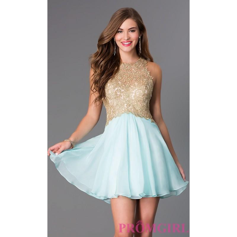 Свадьба - Blush Aqua Fit and Flare Gold Lace Party Dress - Brand Prom Dresses