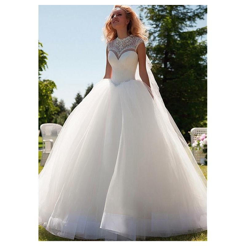 Hochzeit - Glamorous Satin & Tulle Jewel Neckline Ball Gown Wedding Dress With Beadings & Rhinestones - overpinks.com