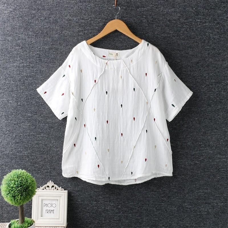 Mariage - Embroidery Scoop Neck Short Sleeves Cotton Summer Blouse - Lafannie Fashion Shop