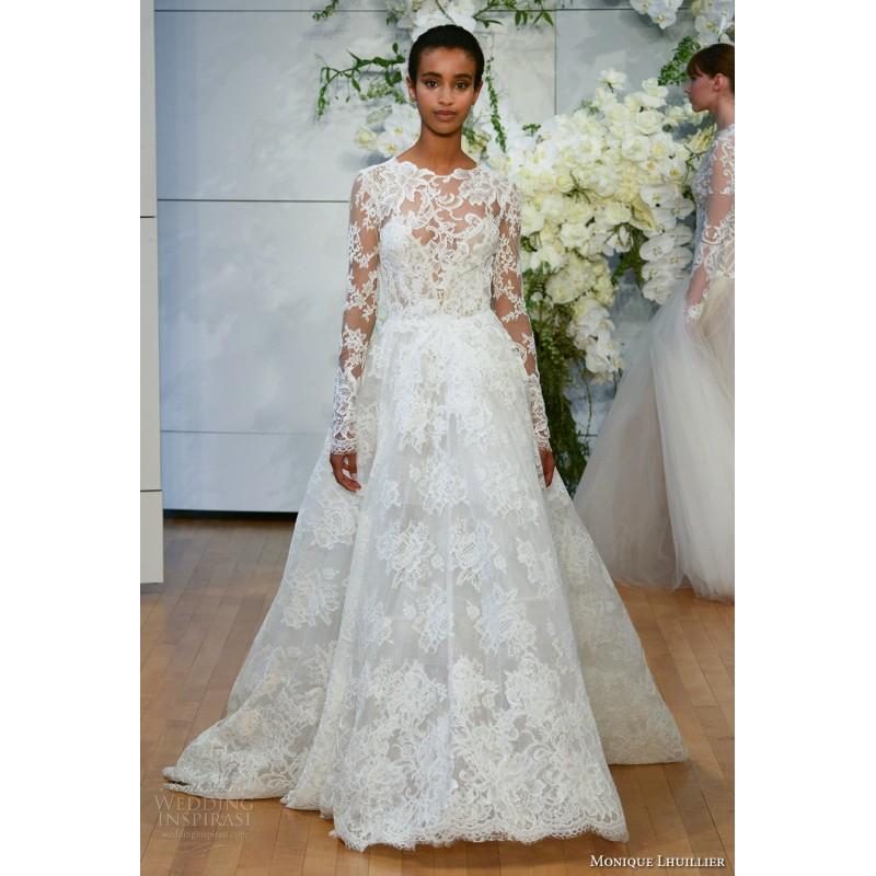 Mariage - Monique Lhuillier Sistine Spring/Summer 2018 Chapel Train Lace Appliques Open Back Aline Illusion Long Sleeves Dress For Bride - Customize Your Prom Dress
