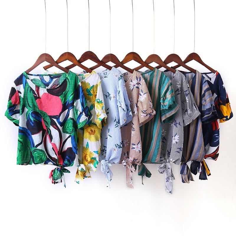 زفاف - Sweet Printed Cotton Summer Tie Short Sleeves Stripped Blouse - Discount Fashion in beenono