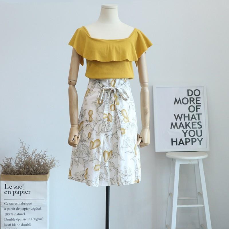 زفاف - Sweet Split Frilled A-line Short Sleeves High Waisted Outfit Twinset Midi Dress T-shirt - Lafannie Fashion Shop