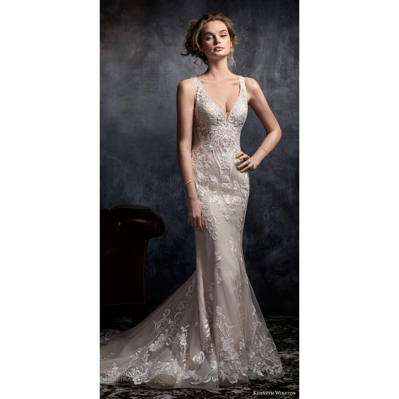 Mariage - Kenneth Winston Fall/Winter 2017 37 Chapel Train Sleeveless Elegant Champagne Sheath V-Neck Tulle Embroidery Dress For Bride - Customize Your Prom Dress