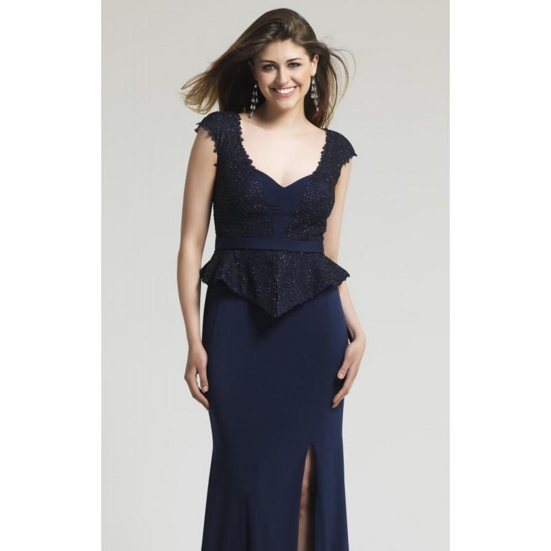 Hochzeit - Navy Peplum Slit Gown by Dave and Johnny - Color Your Classy Wardrobe