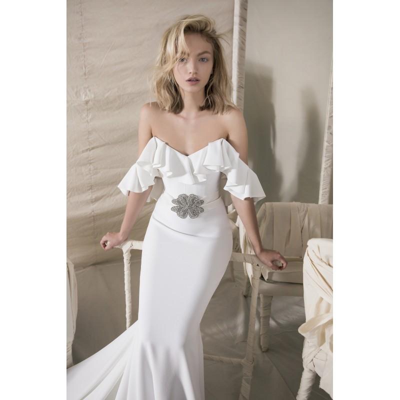 زفاف - Lihi Hod Fall/Winter 2018 Stella White Butterfly Sleeves Off-the-shoulder Open Back Sweep Train Mermaid with Sash Bridal Gown - Charming Wedding Party Dresses