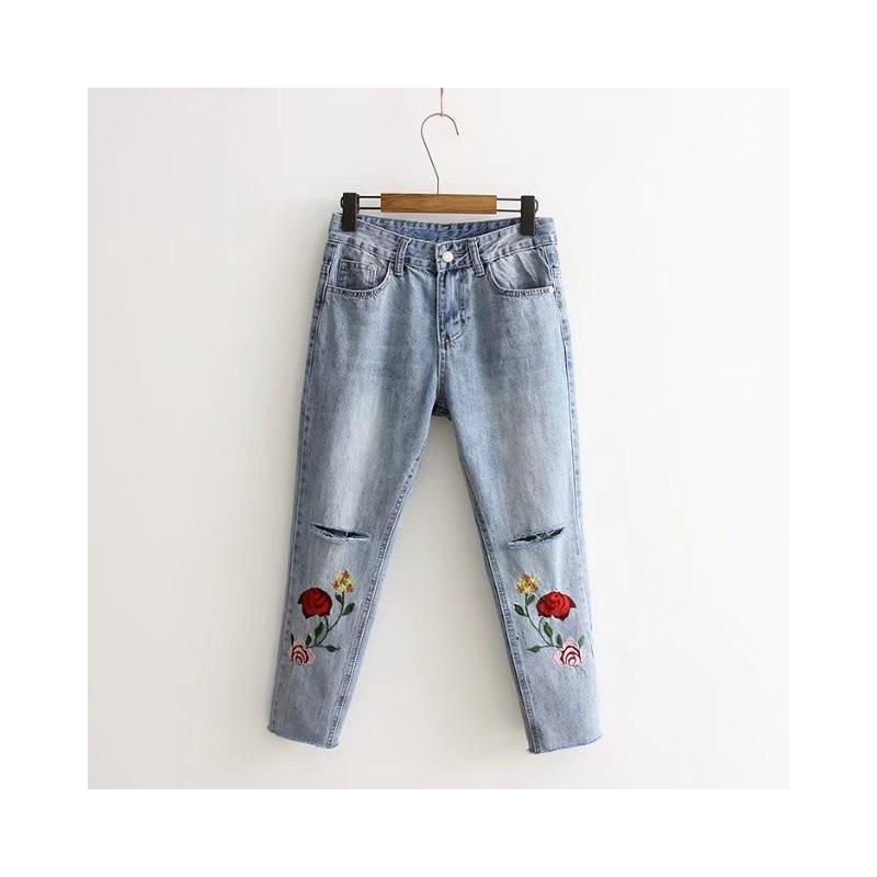 Mariage - Embroidery Slimming High Waisted Floral Jeans Pencil Trouser - Lafannie Fashion Shop