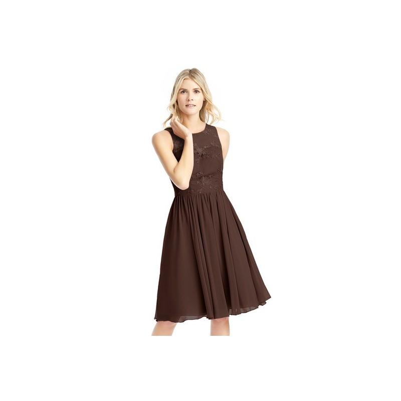 Mariage - Chocolate Azazie Victoria - Illusion Chiffon And Lace Knee Length Scoop Dress - Simple Bridesmaid Dresses & Easy Wedding Dresses