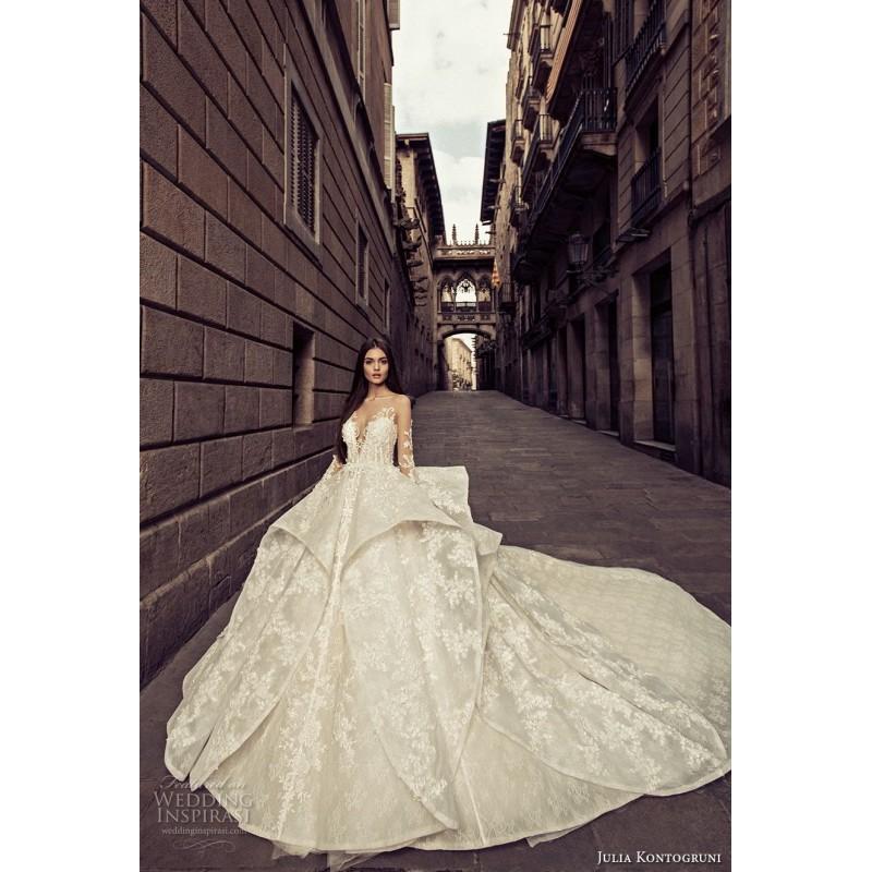 Hochzeit - Julia Kontogruni 2018 Sweet Royal Train Ivory Long Sleeves Illusion Ball Gown Lace Hand-made Flowers Winter Bridal Gown - Rolierosie One Wedding Store