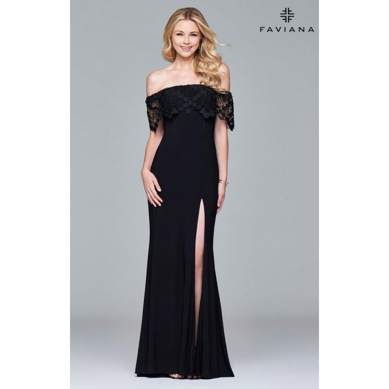 زفاف - Black Faviana S7937 - Fitted Long Fringe High Slit Jersey Knit Lace Simple Dress - Customize Your Prom Dress