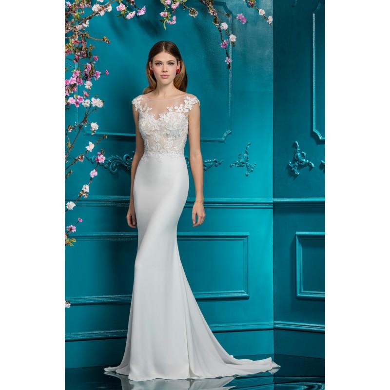 Hochzeit - Ellis Bridal 2018 Style 18082 Embroidery Charmeuse Chapel Train Elegant Ivory Illusion Cap Sleeves Sheath Bridal Dress - Customize Your Prom Dress