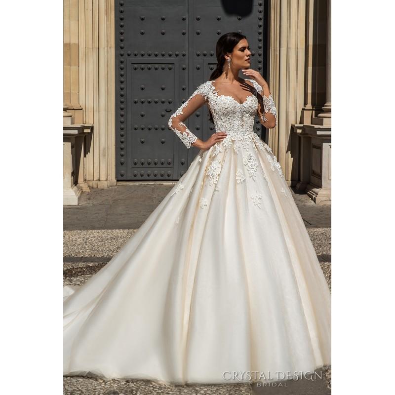 زفاف - Crystal Design 2017 Elania Ball Gown Illusion Royal Train Long Sleeves Champagne Sweet Lace Hand-made Flowers Bridal Gown - Charming Wedding Party Dresses