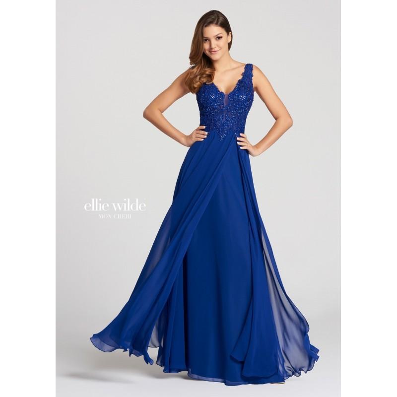 زفاف - Ellie Wilde - EW118150 Illusion Appliqued Bodice Chiffon A-Line Gown - Designer Party Dress & Formal Gown