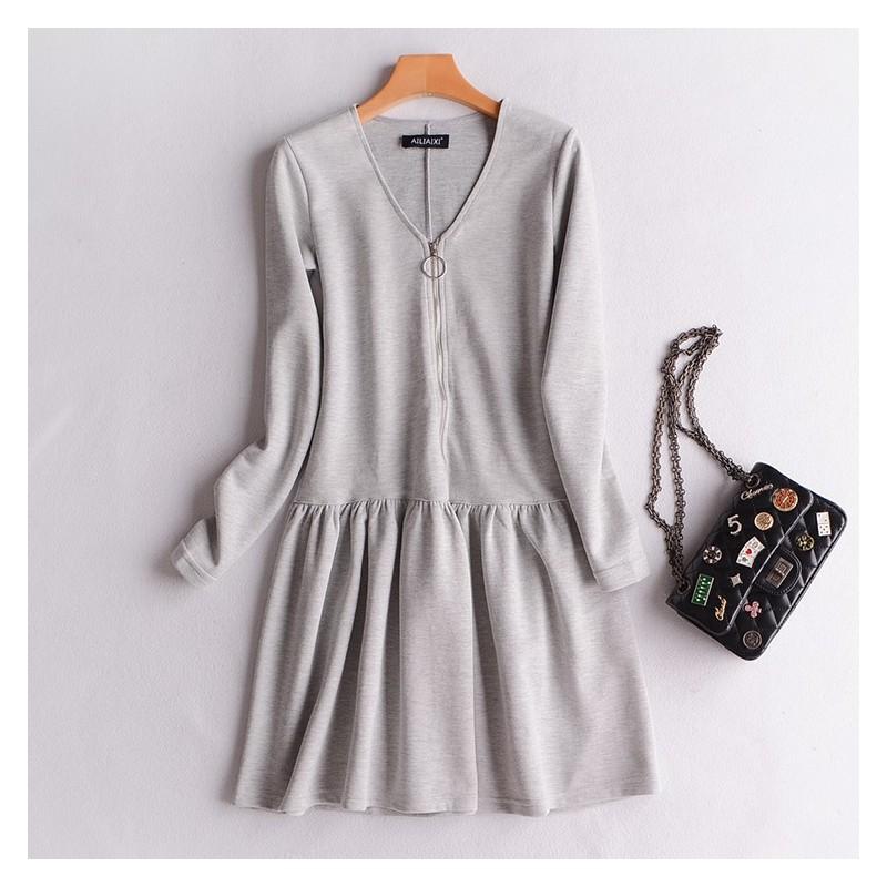 Mariage - Oversized Slimming V-neck Jersey Zipper Up Cotton Frilled Dress Basics - Discount Fashion in beenono
