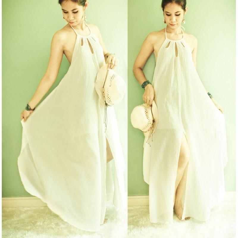 Mariage - SALE 30% Off, Halter Maxi Cotton Dress in Off White, Boho Rustic Cotton Dress, Beach Wedding Summer Dress - Hand-made Beautiful Dresses