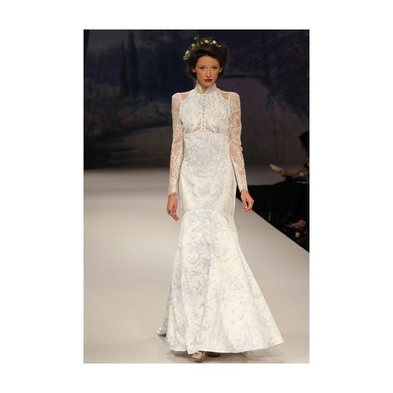 زفاف - Claire Pettibone - Fall 2012 - Toile Francais Ivory and Blue Silk Mermaid Wedding Dress with High Neckline and Lace Long Sleeves - Stunning Cheap Wedding Dresses