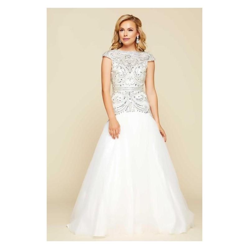 Wedding - Mac Duggal Prom - 65364 H Cap Sleeve Ornate Illusion Trumpet Gown in White/Silver - Designer Party Dress & Formal Gown