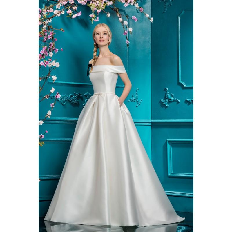 Hochzeit - Ellis Bridal 2018 Style 19102 Simple Ivory Chapel Train Off-the-shoulder Short Sleeves Aline Bow Satin Wedding Dress - Bridesmaid Dress Online Shop