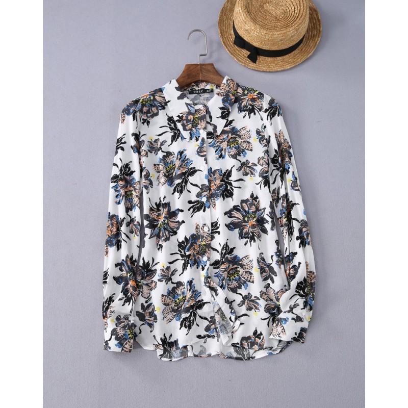 Mariage - Vogue Attractive Printed Point Collar Long Sleeves Floral Blouse - Discount Fashion in beenono