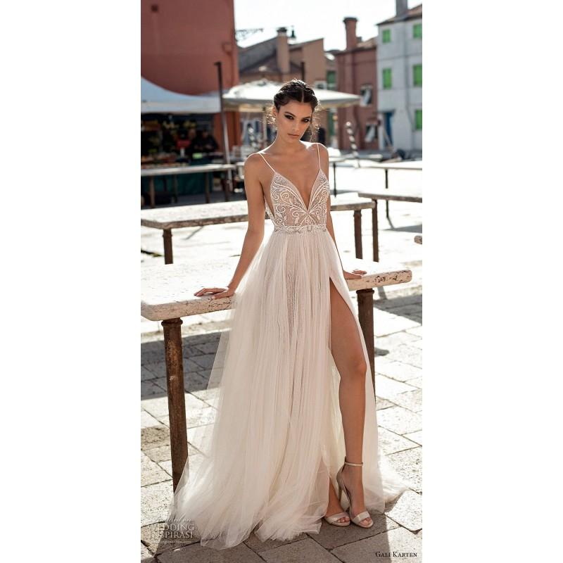 زفاف - Gali Karten 2018 Sweep Train Spaghetti Straps Split Aline Ivory Sleeveless Tulle Beading Dress For Bride - Bonny Evening Dresses Online 