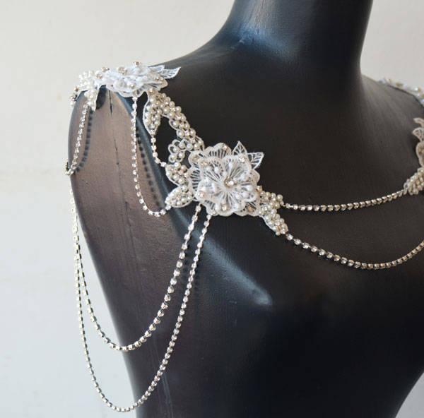 Wedding - Bridal Shoulder Necklace Lace and Pearl, Necklace for Shoulder, Wedding Dress Shoulder, Wedding Dress Shoulder Accessories - $129.00 USD