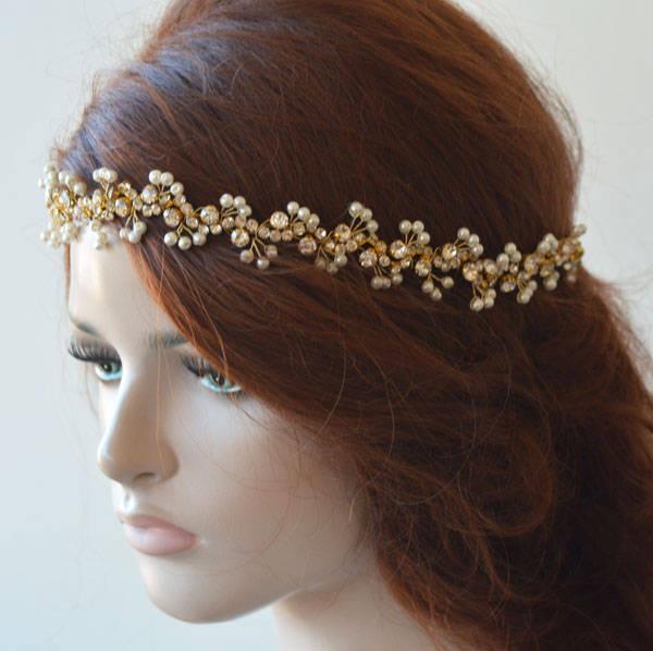 زفاف - Gold pearl Headband for Wedding, Pearl Headband Wedding , Pearl Headpiece for Wedding, Hair Accessories Wedding Gold, Gold Hair Jewelry - $44.00 USD