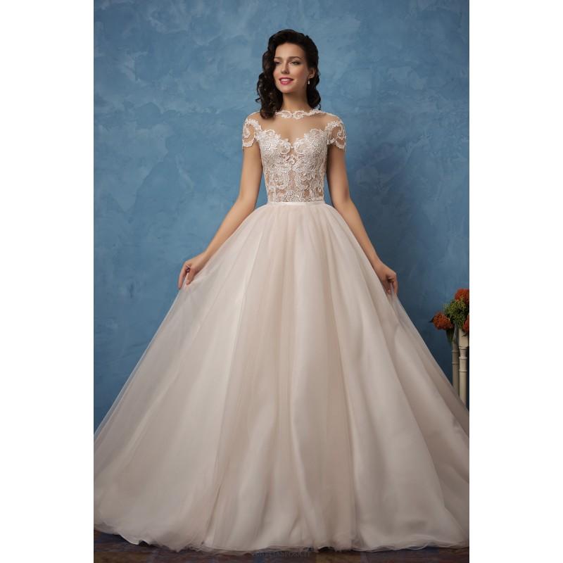 زفاف - Amelia Sposa 2017 Regina Appliques Detachable Lace Pearl Buttons Outfit Champagne Illusion Ball Gown Short Sleeves Bridal Dress - Brand Prom Dresses