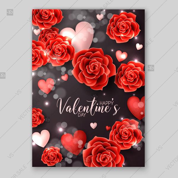 Hochzeit - Happy Valentine's day greeting card Red Paper Roses Origami flowers soft hearts on blackboard