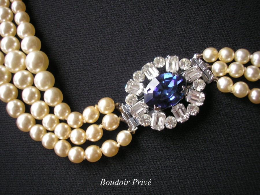 Wedding - Vintage Pearl Choker With Montana Sapphire Rhinestone Clasp