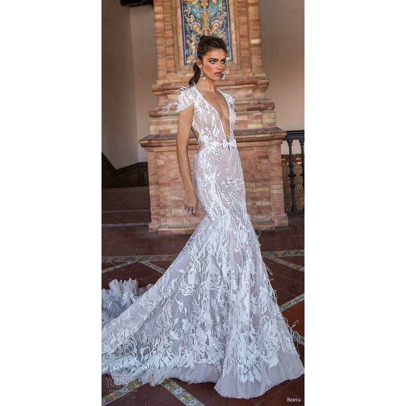 Свадьба - Berta Fall/Winter 2018 Style 18-102 Chapel Train Open Back Ivory Mermaid V-Neck Cap Sleeves Embroidery Lace Wedding Gown - Customize Your Prom Dress