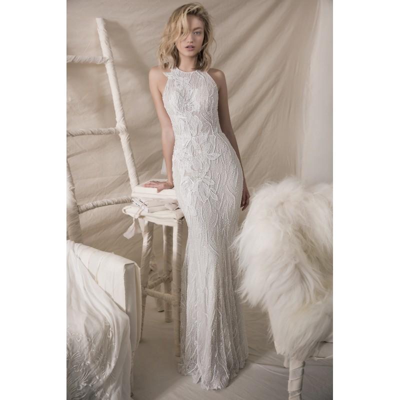Hochzeit - Lihi Hod Fall/Winter 2018 Melissa Sweep Train Halter Sheath Sleeveless Ivory Elegant Lace Beading Outdoor Wedding Gown - Customize Your Prom Dress