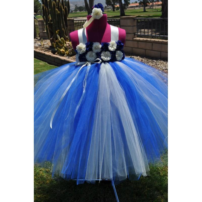 زفاف - Royal Blue Ivory Flower Girl Dress, Royal Blue Toddler Dress, Ivory Royal Blue Infant Dress,Royal Blue Ivory Tutu Dress - Hand-made Beautiful Dresses