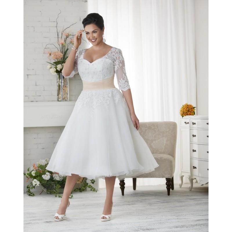 Hochzeit - Bonny Bridal 2017 1523 White Tea-Length Plus Size 1/2 Sleeves Ball Gown Scoop Neck Organza Appliques Bridal Dress - Branded Bridal Gowns