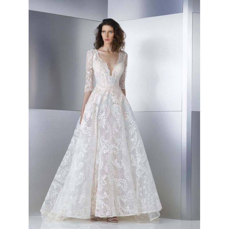 Wedding - Gemy Maalouf 2017 w17 4787 Ivory Sweep Train Elegant 1/2 Sleeves V-Neck Aline Embroidery Lace Bridal Dress - Bridesmaid Dress Online Shop
