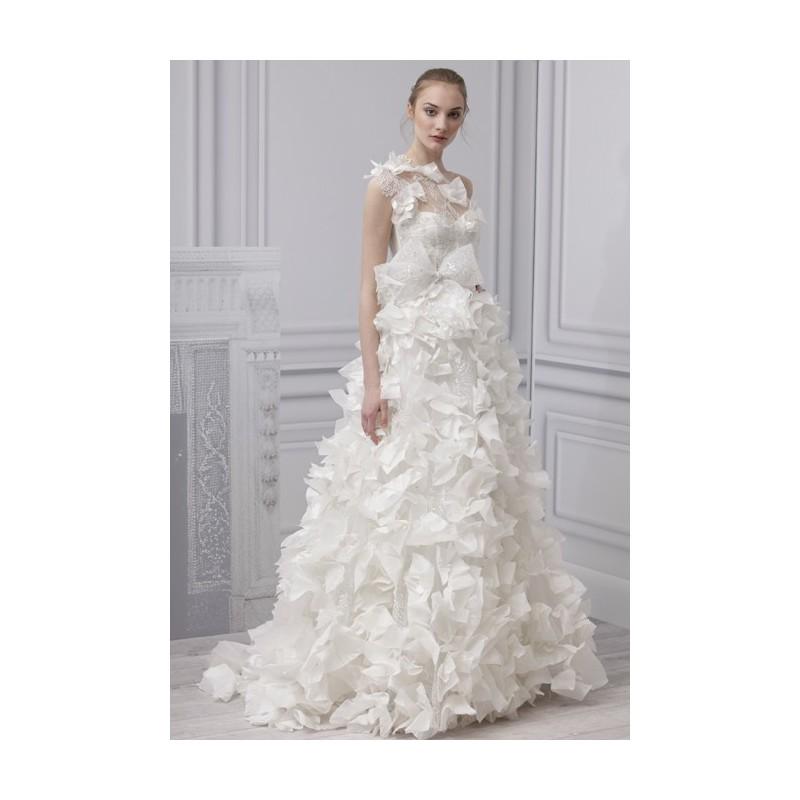 Hochzeit - Monique Lhuillier - Spring 2013 - Innocence One-Shoulder Embroidered Tulle Ball Gown Wedding Dress with Bow Belt - Stunning Cheap Wedding Dresses