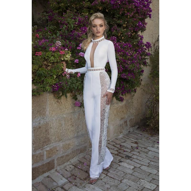 زفاف - Dany Mizrachi Spring/Summer 2018 DM12/18 S/S Floor-Length White Vogue High Neck Beading Long Sleeves Jumpsuit - Rosy Bridesmaid Dresses