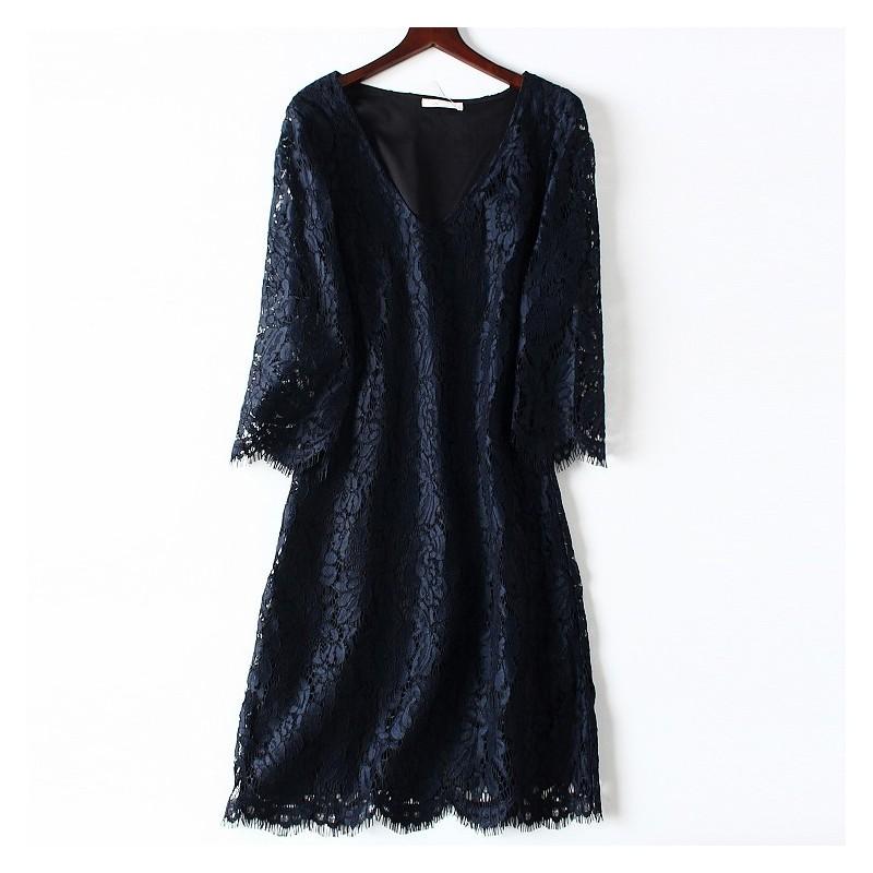زفاف - Must-have Hollow Out Crochet Plus Size V-neck 3/4 Sleeves Lace Dress - Lafannie Fashion Shop