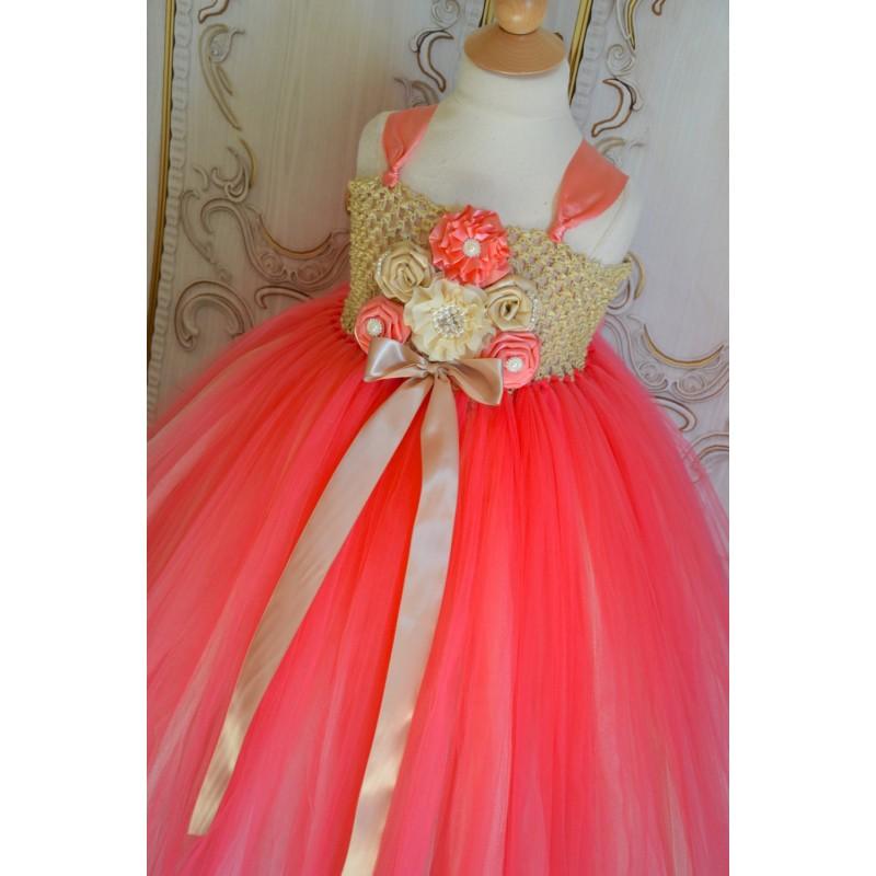 Wedding - Champagne and Coral Flower girl tutu dress - Hand-made Beautiful Dresses