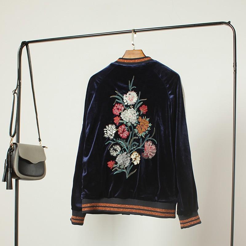 Hochzeit - Solid Color Embroidery Slimming Velvet Floral Long Sleeves Baseball Jacket Jacket Coat - Lafannie Fashion Shop