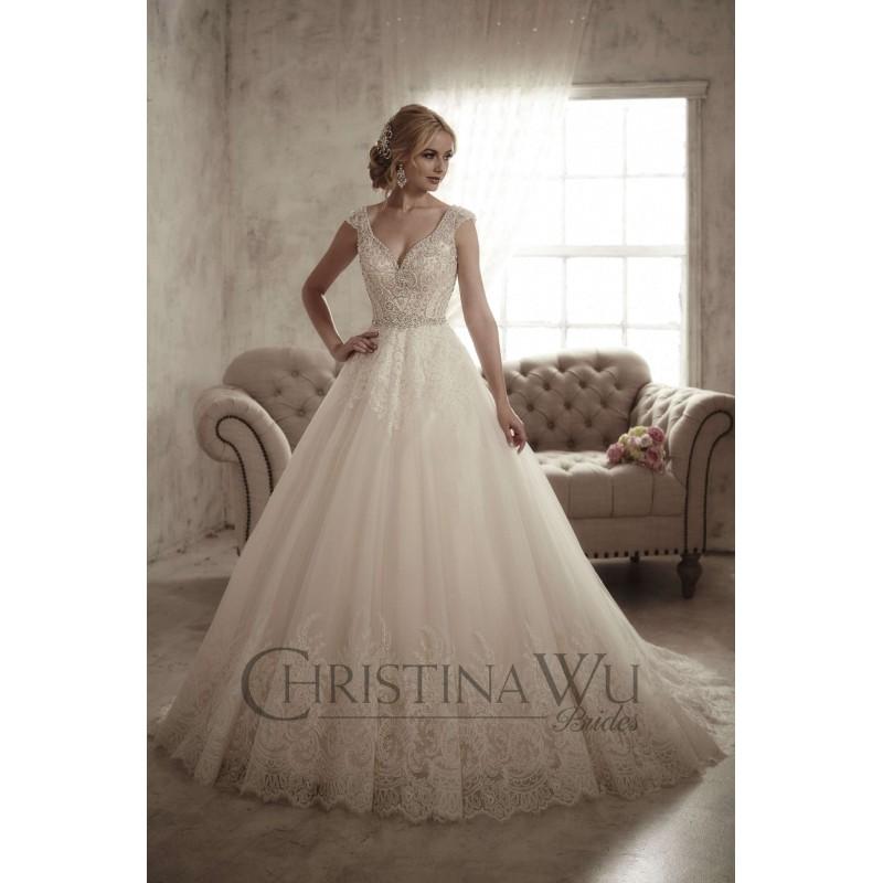 زفاف - Eternity Bride Style 15597 by Christina Wu - Ivory  White Beaded  Lace Floor V-Neck A-Line Capped Wedding Dresses - Bridesmaid Dress Online Shop