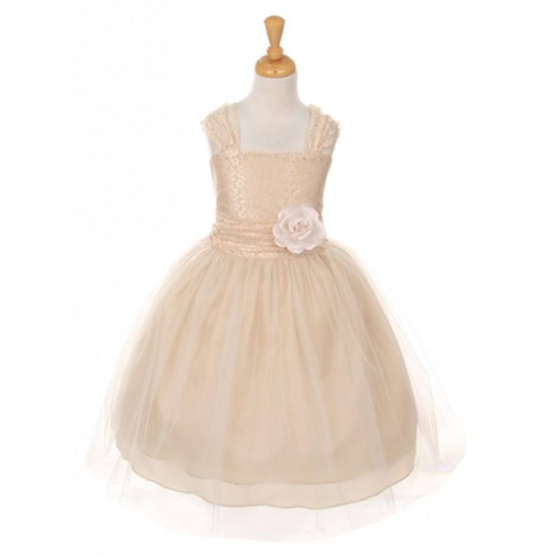 Wedding - Champagne Floral Lace Dress w/ Cross Back & Tulle Skirt Style: D2065 - Charming Wedding Party Dresses