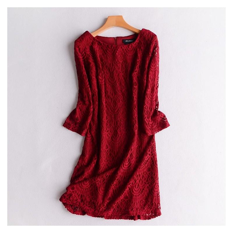 زفاف - Hollow Out Crochet Slimming Lace Dress Basics - Discount Fashion in beenono