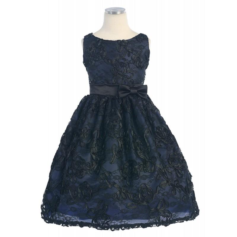 زفاف - Navy Dress w/ Black Ribbon Lace Overlay & Satin Bow Style: DSK368 - Charming Wedding Party Dresses