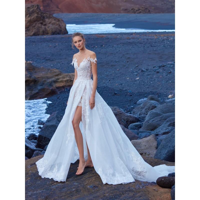 Wedding - Galia Lahav 1004 Asymmetrical Summer Zipper Up Split Organza Appliques Beach Illusion White Ball Gown Cap Sleeves Bridal Dress - Formal Day Dresses