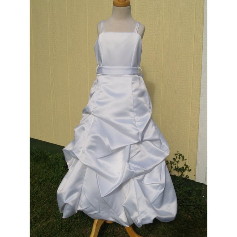 Wedding - Girls Pick Ups & Gathered Skirt White Dress size 6, White Satin Dress, Spaghetti Straps, White Belt Sash, Flower Girl, Pageants - Hand-made Beautiful Dresses